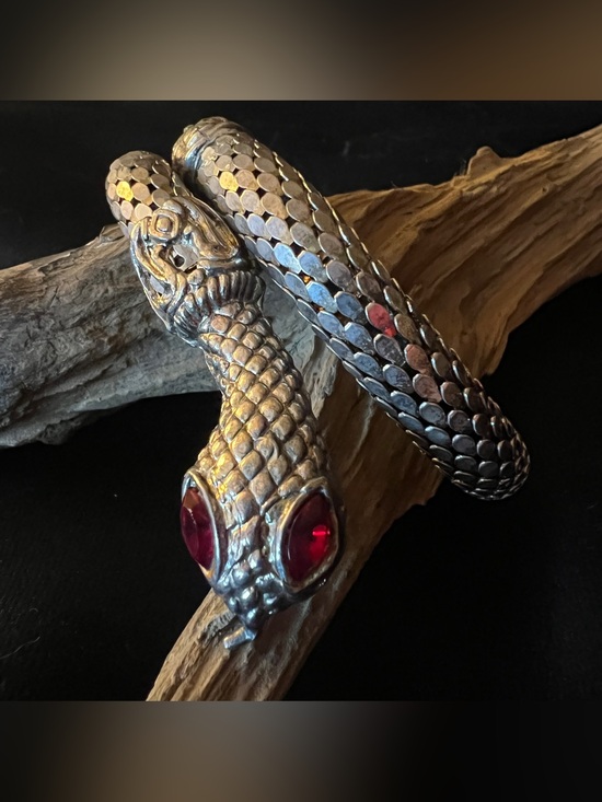 Whiting & Davis Jewelry - True Vintage Silver Mesh Serpent Snake Bracelet Bangle Wrap Red Crystal Eyes
